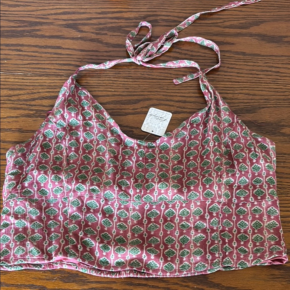 Free People Pink and Green Sleeveless Crop halter Top